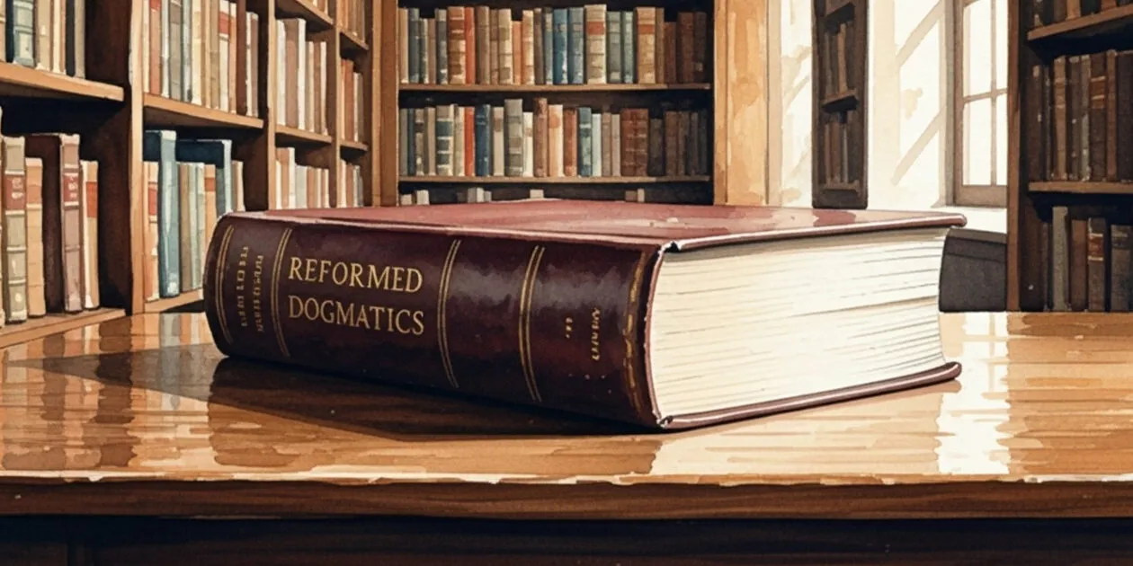 Watercolour of a red leather-bound copy of Reformed Dogmatics lying on a polished library table, with bookshelves and a sunlit window behind.