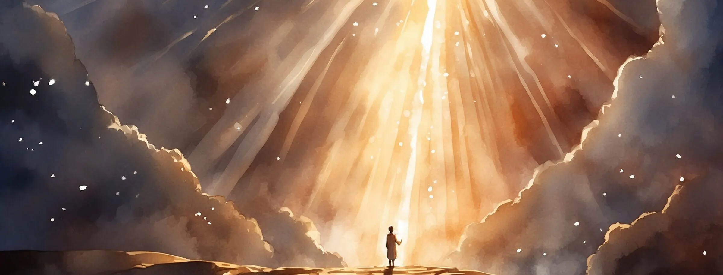 Watercolour of golden light breaking through dark clouds onto a small figure on a hill