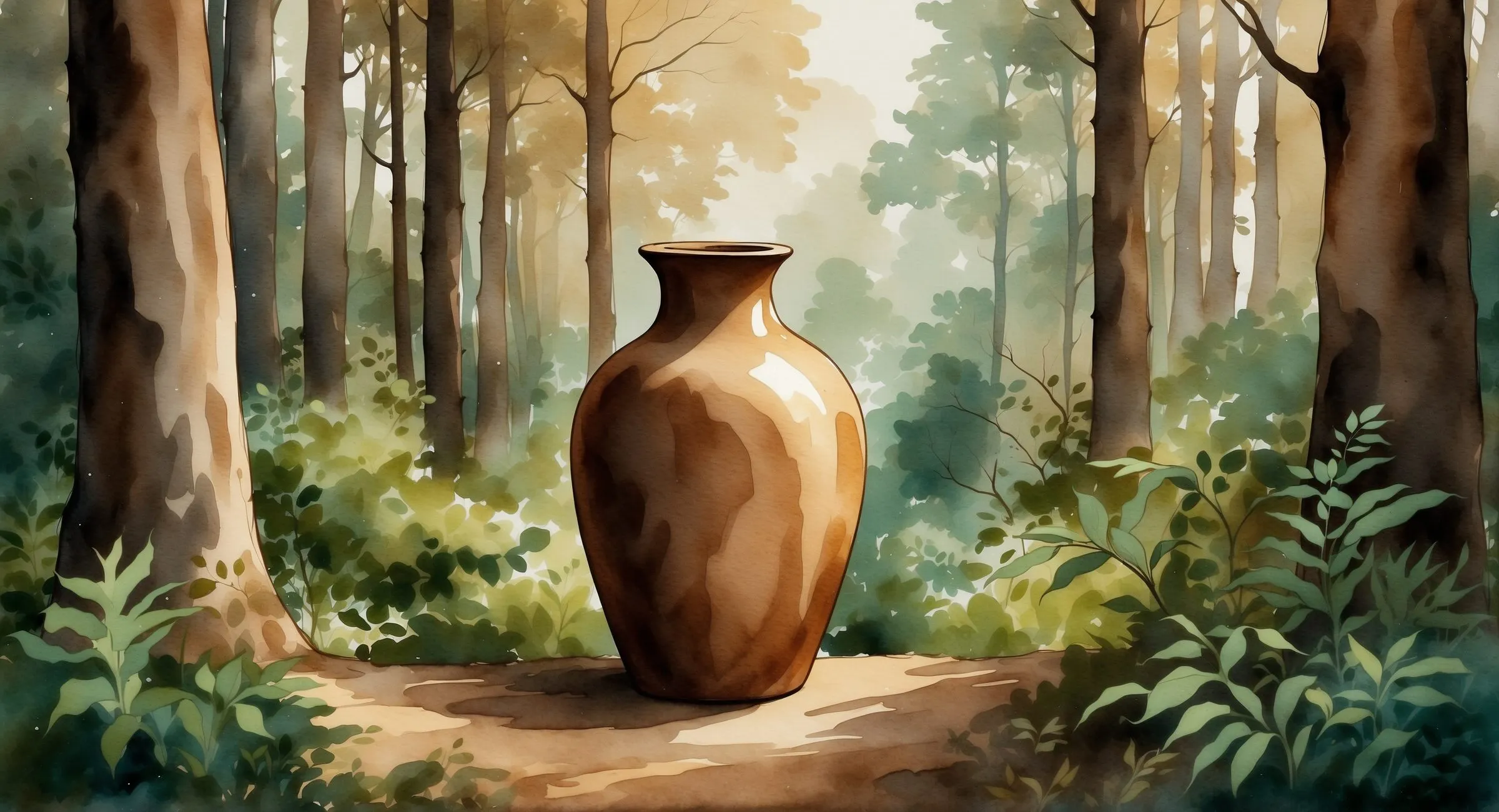 Watercolour of a tall brown clay vase standing on a sunlit forest path among trees and ferns.